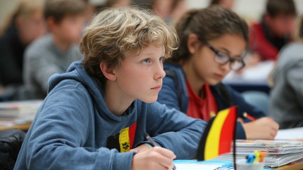Students in a Belgian classroom writing and concentrating on their work, with a small Belgian flag on the desk
