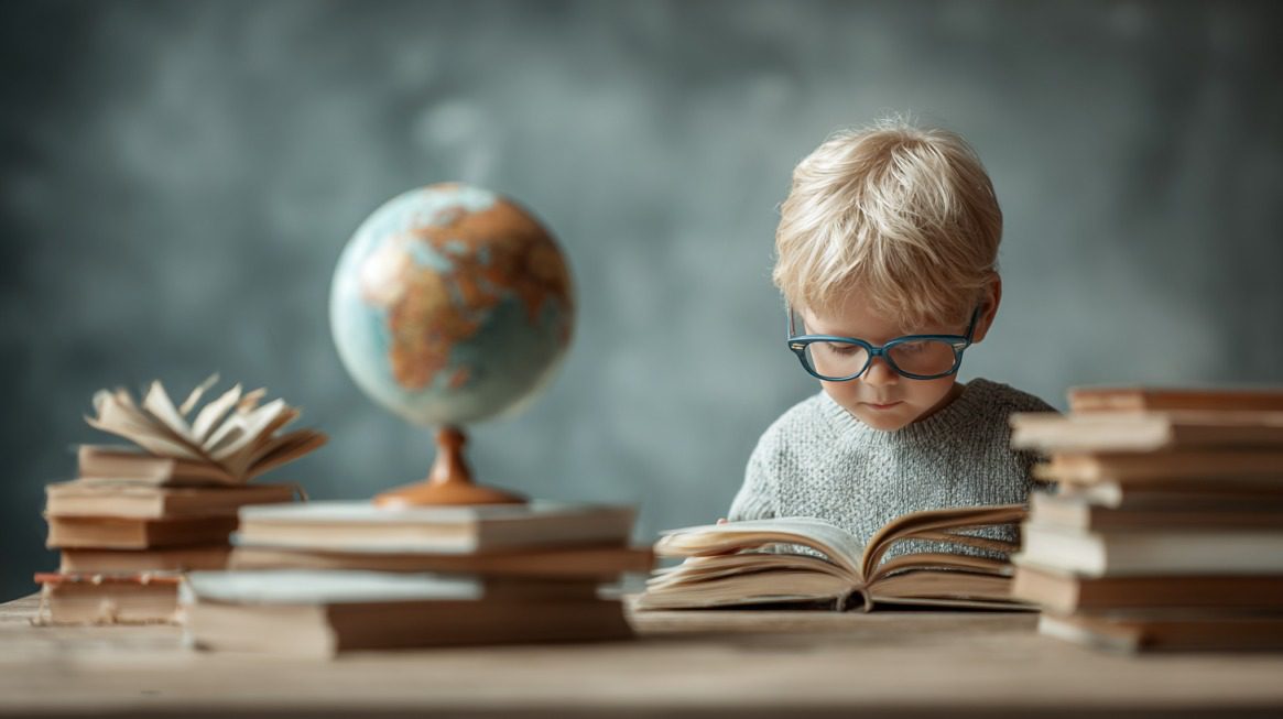 A young child wearing glasses reads a book at a desk surrounded by books and a globe