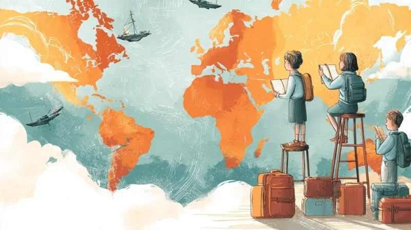 Illustration of students reading maps and standing on suitcases and stools while looking at a colorful world map showcasing the global education rankings