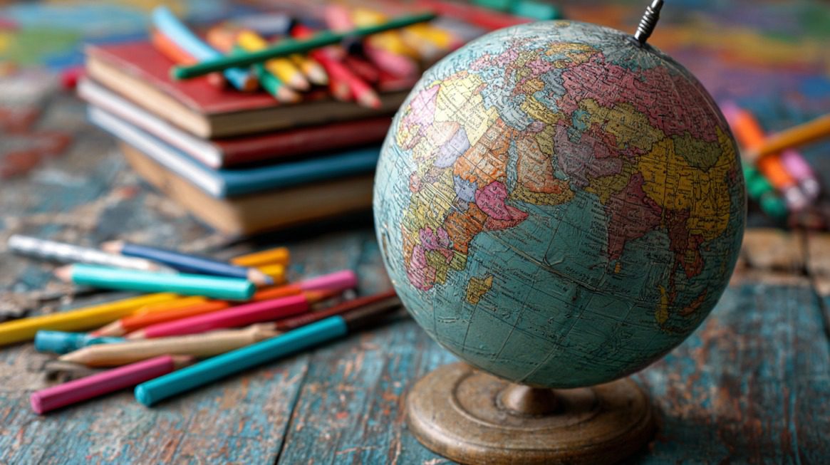 A vintage-style globe on a desk surrounded by colored pencils and notebooks