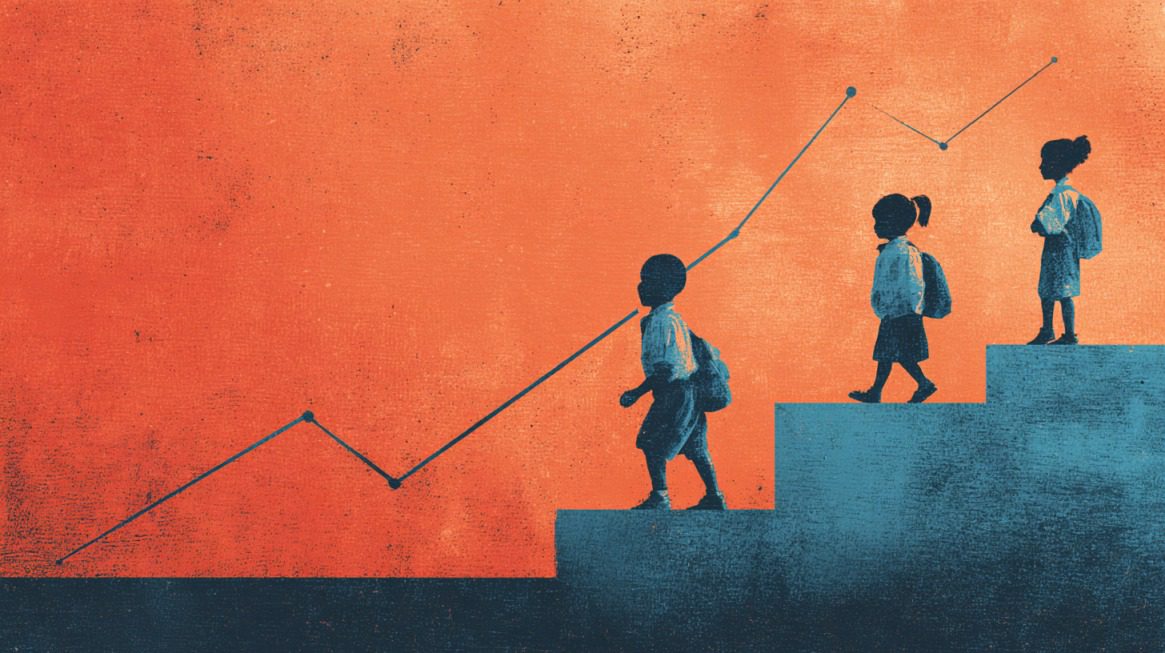 Illustration of children climbing stairs with a rising line graph in the background, symbolizing the link between education and economic growth