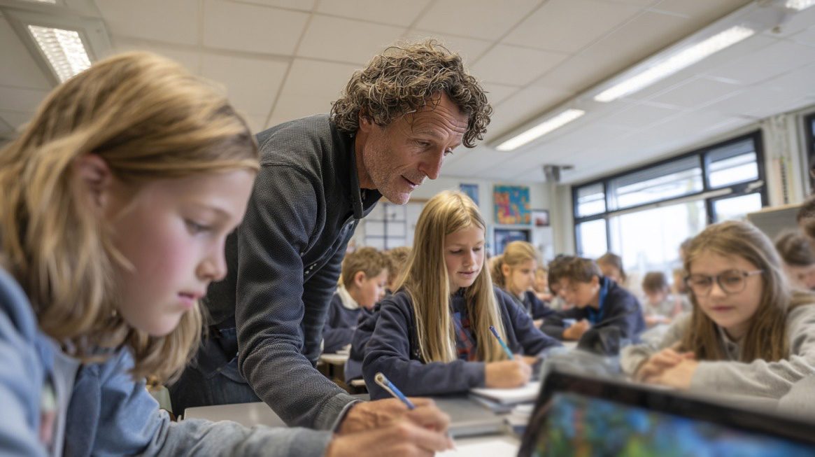 A teacher assists students in a bright, modern classroom, highlighting collaborative learning in a Nordic school system