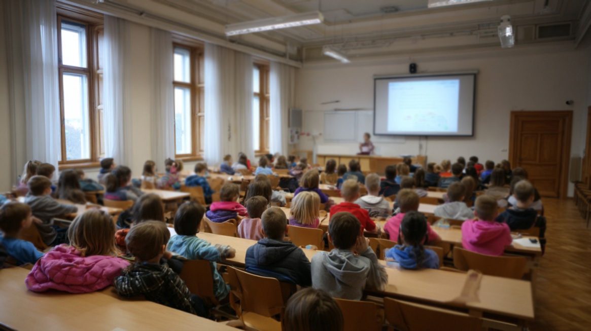 Blurred image of children in a classroom, all facing a teacher presenting at the front of the room with a projected slide, typical of Slovenian educational settings