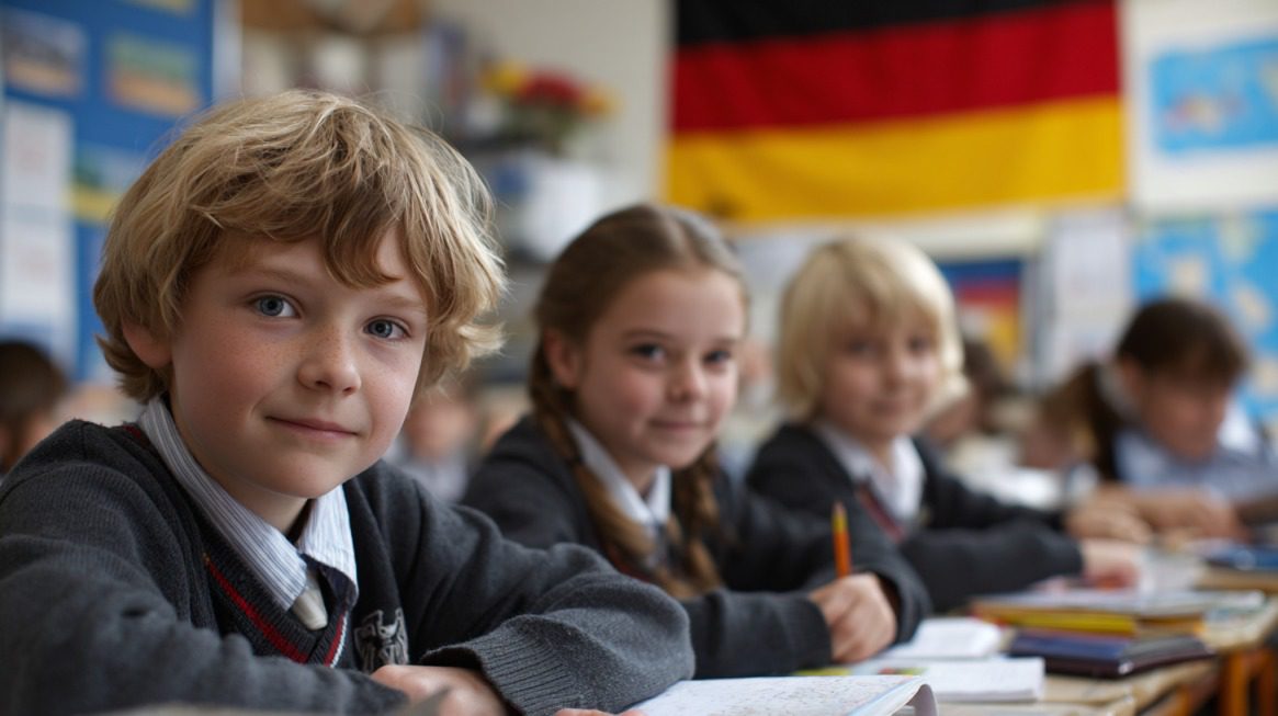 Children studying in a German classroom with the German flag in the background, representing focus and structured education