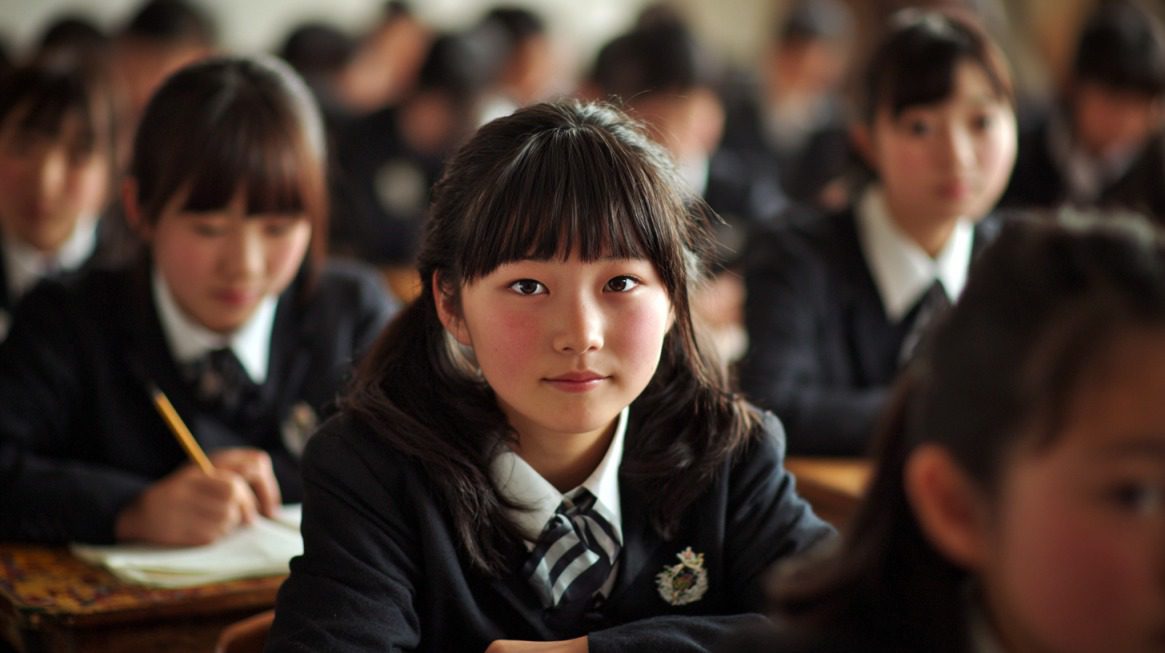 Students in a Japanese classroom attentively listening and taking notes while wearing school uniforms