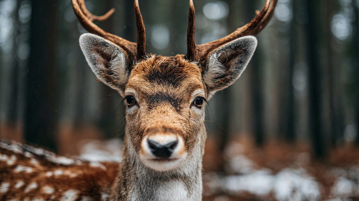 Close-up of a deer with antlers in a snowy forest