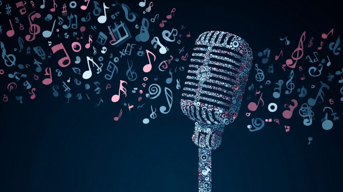Stylized microphone made of musical symbols with colorful notes flowing outward