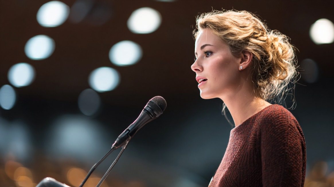 Young woman speaking confidently at a podium with soft lighting