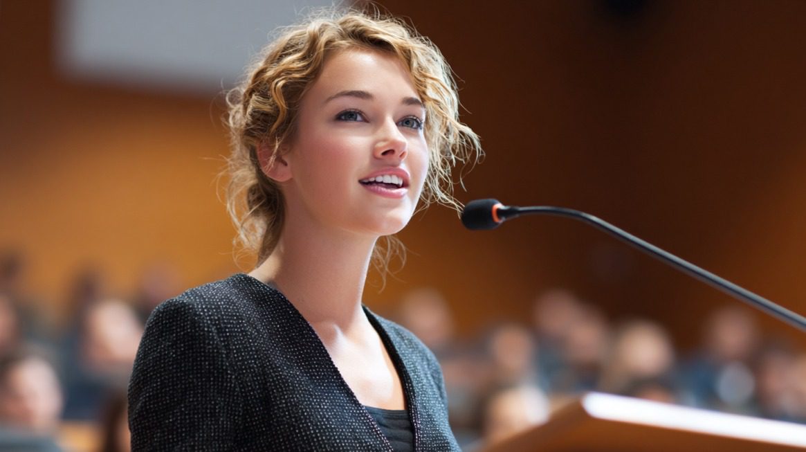 Young woman delivering a speech at a podium in front of an audience