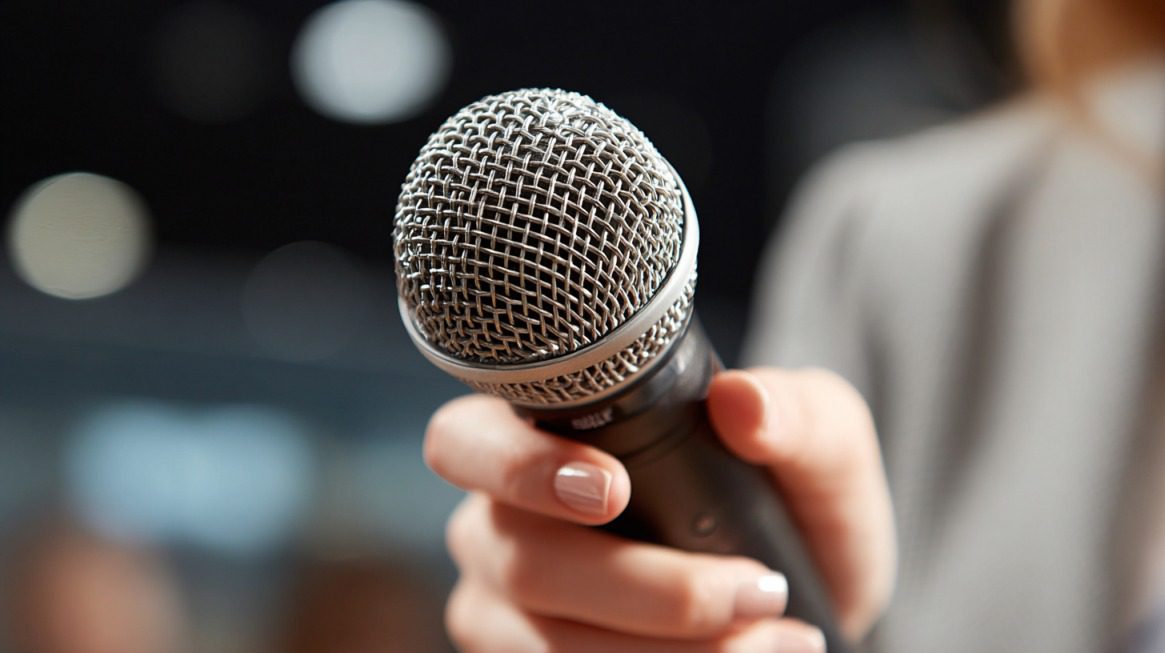 Close-up of a person holding a microphone, ready to speak or report.