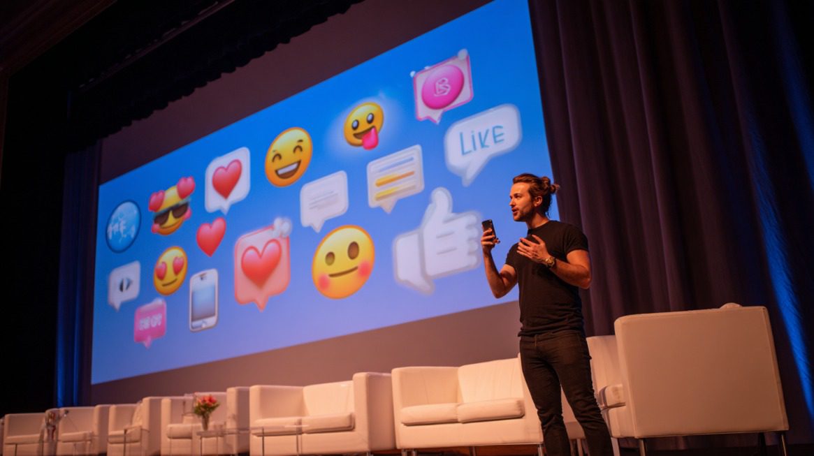 Speaker presenting on stage with social media emojis projected behind him