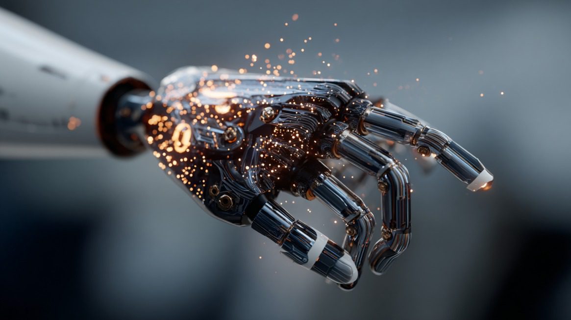 Close-up of a robotic hand with sparks flying from its mechanical fingers