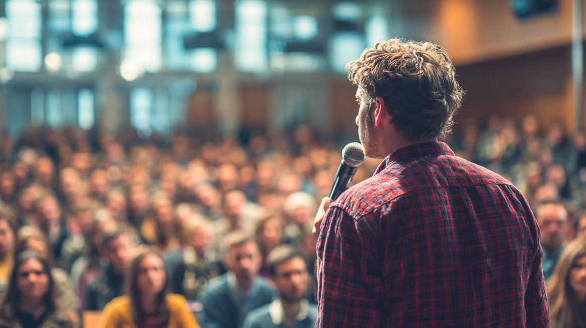 Man speaking into a microphone in front of a large audience