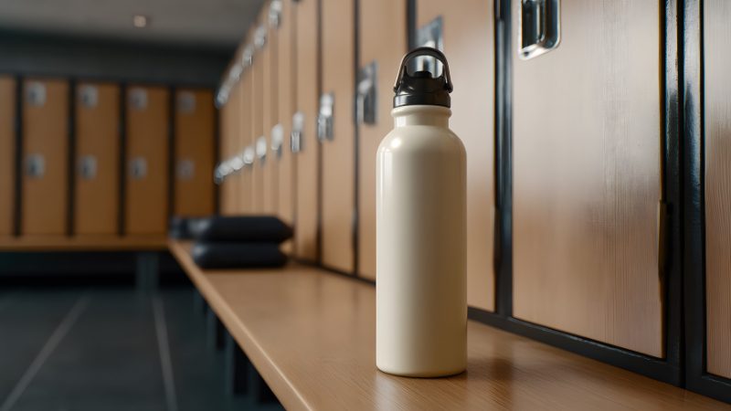 A reusable branded water bottle placed on a locker room bench