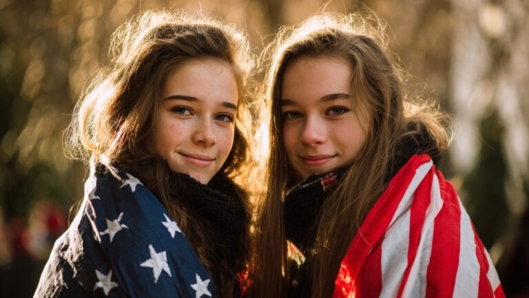 Two US students wrapped in the American flag smiling outdoors during study abroad preparation