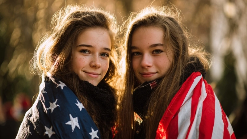 Two US students wrapped in the American flag smiling outdoors during study abroad preparation