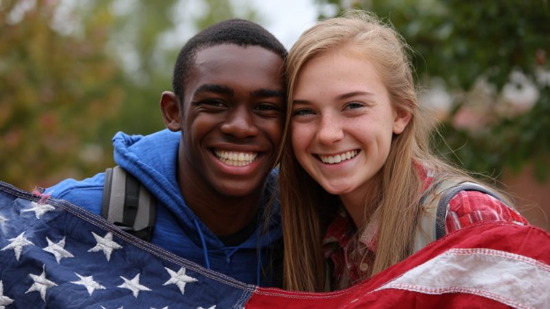 Two US students smiling together outdoors with an American flag draped around them