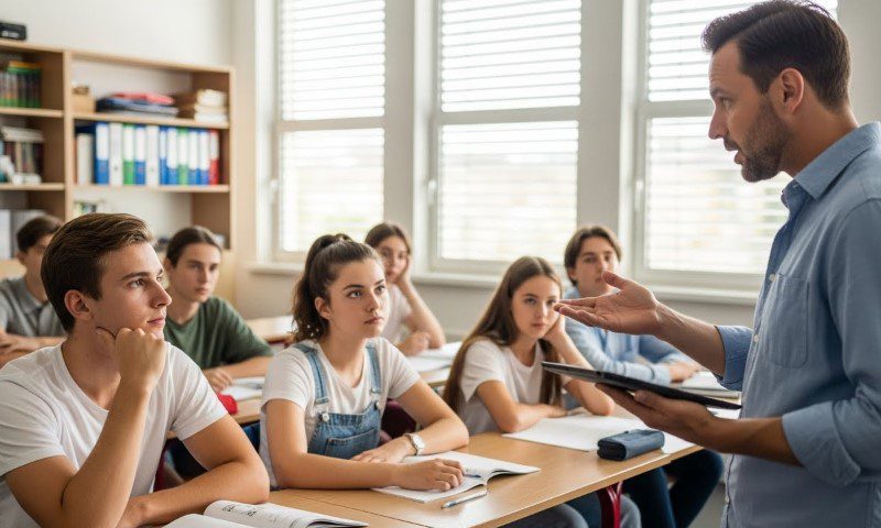 A man instructs students in a classroom setting, engaging them in a learning activity