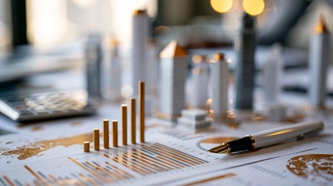 Financial charts, calculator, pen, and miniature buildings on a desk.