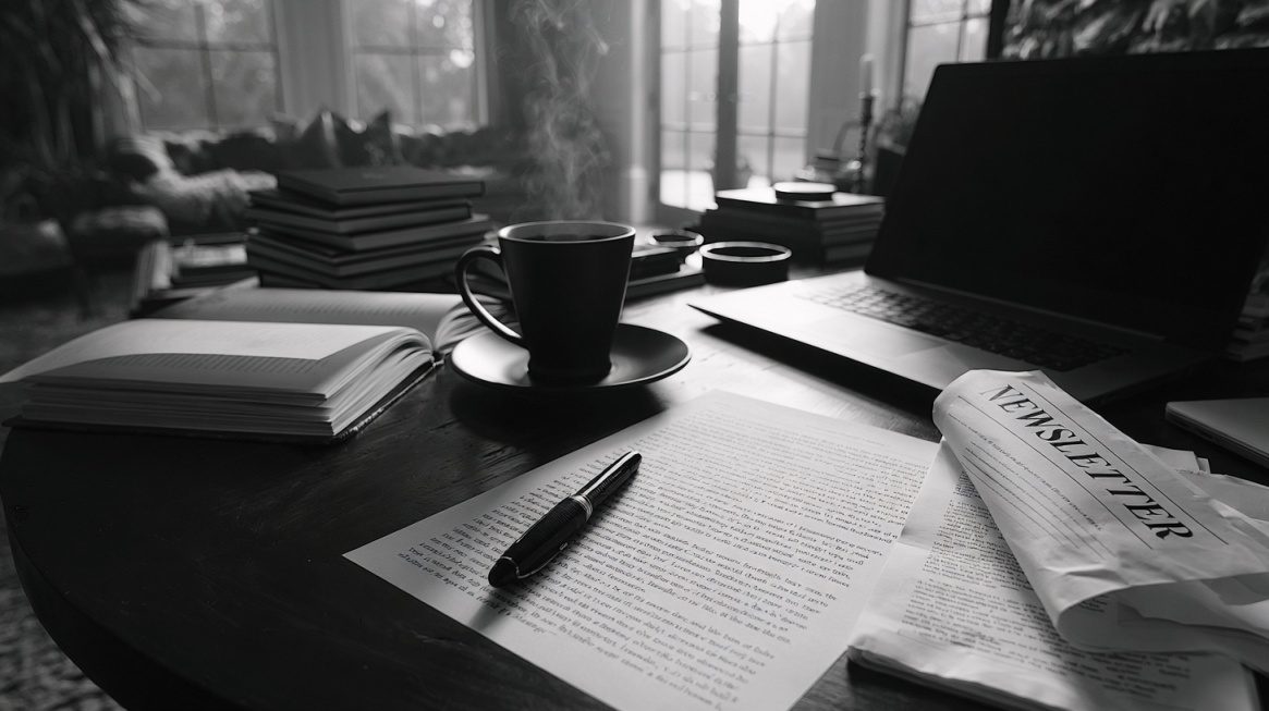 Black-and-white desk with a laptop, documents, coffee, pen, and folded newsletter.
