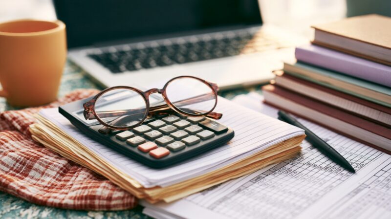 Calculator, glasses, notebooks, and laptop arranged on a study desk.